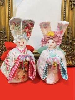おばあちゃんハンドメイド　プリンセス着物うさぎ人形　洋服生地　パステルリボン