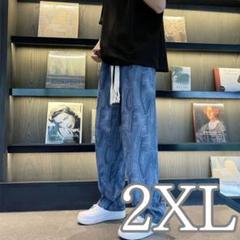 メンズ　ボトムス　ブルー　青　ゆったり　ロゴ　パンツ　ストリート　2XL
