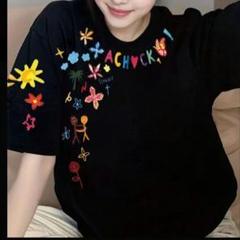 【人気デザイン】カラフル 花柄 落書き Tシャツ ブラック 夏 ゆったり 韓国