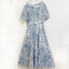 ランディ　ワンピース　ロング　花柄　プリーツ　スクエアネック　総柄　ブルー