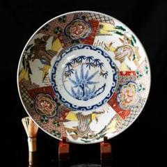 時代物 古伊万里 染錦手 見込に花 竹 松下賢人図 色絵 尺寸大皿 直径40㎝ 時代物 古伊万里 染錦手 見込に花 竹 松下賢人図 色絵 尺寸大皿