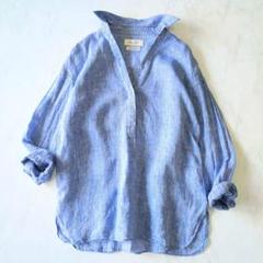 美品 フレームワーク リネン長袖シャツ スキッパー襟 ブルー 麻