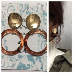 1168☺︎メタルゴールドとべっ甲フープのアンティークピアス☺︎