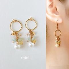 淡色天然石と鈴丸パールのフープピアス イヤリング ハンドメイド