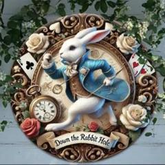 不思議の国のアリス　ウサギのキャラクター ブリキ看板