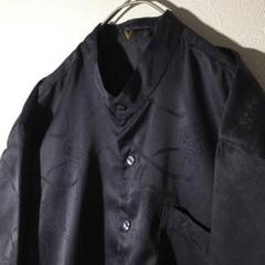 【個性派古着】長袖総柄デザインシャツ　紫　バンドカラー　チャイナ服風　メンズＬ