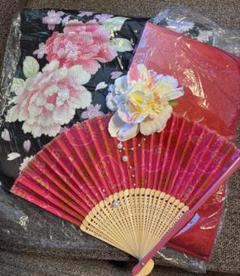 【1回のみ着用 クリーニング済】浴衣 ネイビー 赤帯 髪飾り 扇子付き