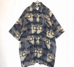 古着 アロハシャツ 半袖 L グレー レーヨン 総柄 ハイビスカス