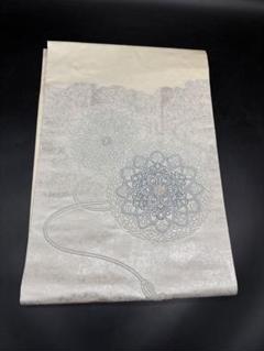 高級　正絹　洒落帯　名古屋帯　アンティーク　白系　銀糸　ナス　植物文　N7 miyagawa-kimono_sb53072