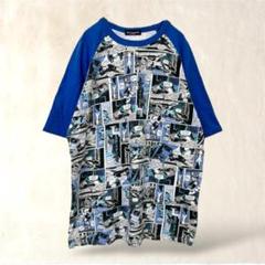メンズライク　半袖Tシャツ【L】ブルー系　漫画風　アニメ　ヒーロー　英字　古着