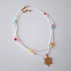 No.178 ビーズネックレス　ハンドメイド　太陽　ゴールド色　ハート　重ね付け