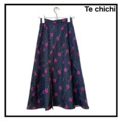 テチチ　ロングスカート　花柄　水玉　ブラック　かわいい　ドット　フレア　S
