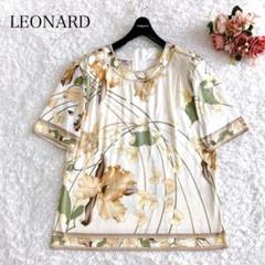 美品 レオナール 花柄 トップス 半袖 トリム ネイビー S 綿 華やか LEONARD - 美品 レオナール 花柄 トップス 半袖 トリム ネイビー
