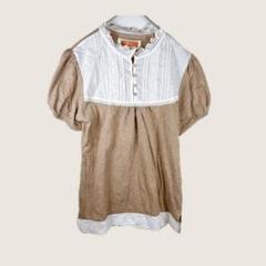 1534enface半袖レースシャツ森ガール茶白ゆったり上品Y2Kボリューム袖M