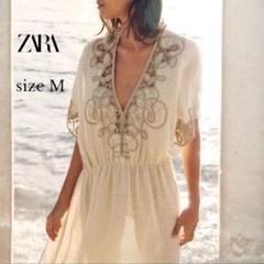 ZARA ザラ エンブロイダリー リネンブレンド ワンピース 刺繍 M