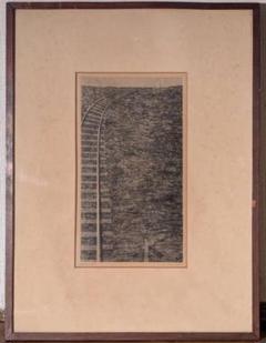 木村　茂　「ロコモーティブ」　銅版画　42/75 額付き 真作】版画 木村茂 銅版画 レール 鉄路モチーフ 静謐な黒の世界