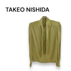 【タケオニシダ】ブラウス　シャツ　長袖　光沢　上品　オリーブ