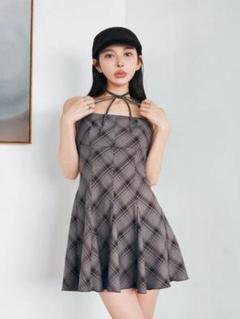 darich チェックホルターリボンベアミニワンピース グレー