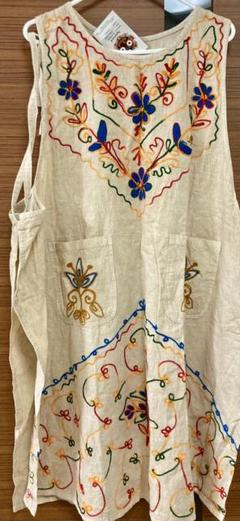 刺繍入り綿100%エプロンドレス ベージュ