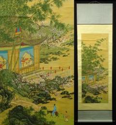 掛軸 王依渓『竹桃貴人の図』中国画 絹本 肉筆 共箱付 掛け軸 g030314 掛軸 王依渓『竹桃貴人の図』中国画 絹本 肉筆 共箱付 掛け軸
