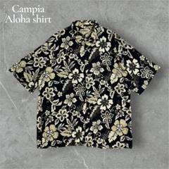 レーヨン100%王道ブラック×花柄ボタニカルアロハシャツ・とろみ素材古着