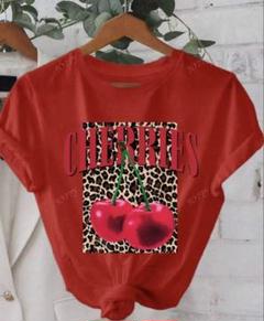 チェリーとヒョウ柄プリント半袖Tシャツ