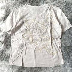 【villeDazur】クリーム色刺繍入り半袖Tシャツ (LL) 大きいサイズ
