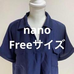 nanoネイビー ポケット付き 半袖シャツブラウストップス(523)