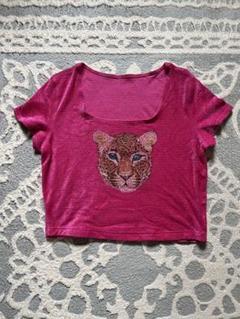 伊太利屋ヒョウ顔刺繍ピンククロップドトップ M