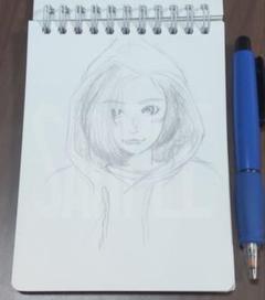 女子 イラスト 鉛筆画 A6サイズ アナログ フード