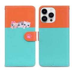 猫ちゃん手帳型ケース　iphone15Pro オレンジ+水色　スマホケース