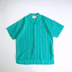 90s ラミー/コットン　半袖開襟ストライプシャツ　緑M ボックスシルエット古着