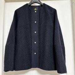ドゥロワー 美品 日本製38 ウール ツイード ノーカラージャケット ネイビー ツイードノーカラージャケット ネイビー 38｜ファッション