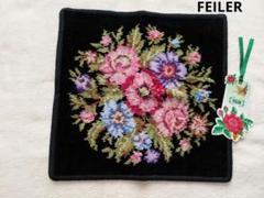 FEILER 花柄 黒 ハンカチ・テッシュカバー ○8711 FEILER フェイラー ハンカチ 花柄 黒 ブラック ユリ ゆり