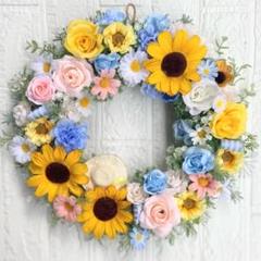 夏リース　ひまわりリース　ナチュラル系　バラ　玄関リース　フラワーリース　造花