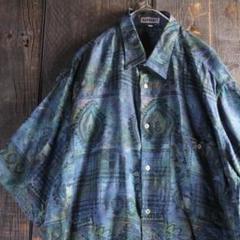 古着　総柄シャツ　レーヨンシャツ　ペイズリー　ブルー　L 半袖　派手柄