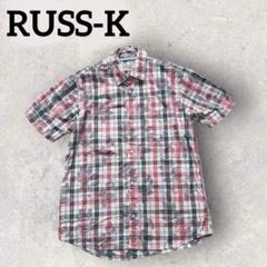 RUSS-K ラスケー チェック柄 半袖 シャツ ボタニカル(M)レッド系 刺繍