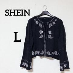 SHEIN 【L】ブラック 花柄刺繍 長袖トップス シャツ ブラウス シーイン