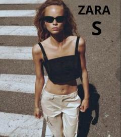 ZARA レディース テクニカルクロップトップ ブラック コットン ビスチェ