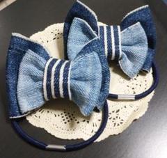 切りっぱなしデニムのリボン ヘアゴム ハンドメイド