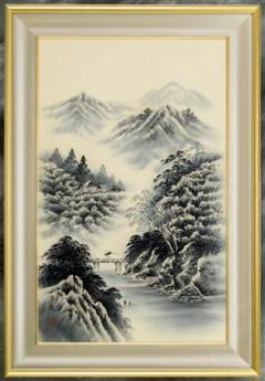 日本画　直筆　水墨山水画　高級額縁　落款付き　外寸約962×663mm 日本画直筆水墨山水画高級額縁落款付き外寸約962×663mm