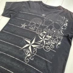 レギュラー古着！スター & スカル ボーダー プリントTシャツ フェードブラック