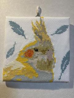 完成品　オカメインコ　クロスステッチ　ファブリックボード