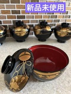 大正3年 吸物椀 20客セット 金箔デザイン 木製箱付き 漆器 お吸物椀 5客セット 蓋付き 漆器 黒と金色 木製箱入 新品未使用