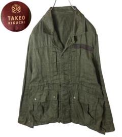 麻リネン素材カーキカラーリング2WAYミリタリージャケット タケオキクチ 麻リネン素材カーキカラーリング2WAYミリタリージャケット