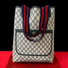 極 美品 グッチ シェリーライン GG ロゴ レザー トートバッグ ネイビー