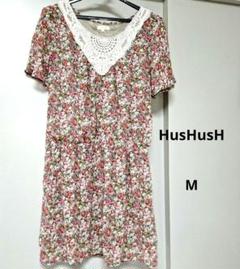 HusHusHハッシュアッシュ　M花柄レース襟半袖チュニックワンピース