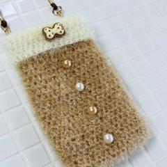 ショルダー ポーチ スマホケース キラキラ ふわふわ カフェラテ ハンドメイド