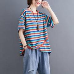 新品◎大人気 カジュアル Tシャツ ストライプ柄 配色 オシャレ イレギュラー