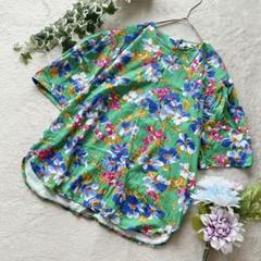レトロデザインTシャツ カットソー 総柄 花柄 グリーン 緑 綿 コットン100